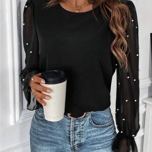 SHEIN Black Blouse with Sheer Pearl Sleeves